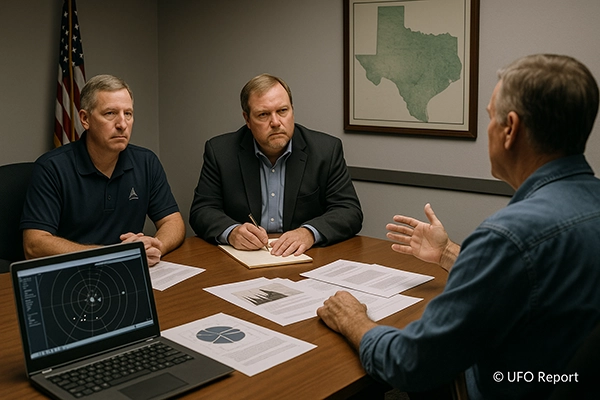 A modern conference room in Texas with MUFON investigators interviewing a witness. Laptops, radar charts, and papers spread across the table.