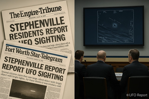 Split-image composition — left side shows 2008 newspaper front pages about the Stephenville UFO; right side shows a 2020s UAP congressional hearing or radar analysis on a large monitor.