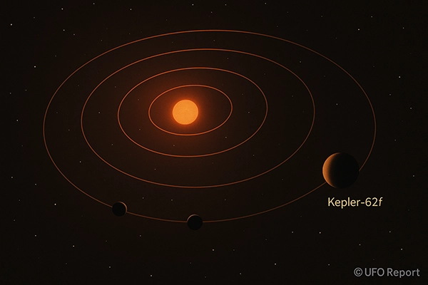 A visual of the Kepler-62 system with five planets orbiting a warm, orange-tinted star. Orbital paths appear subtly glowing, with Kepler-62f highlighted as the outer world.