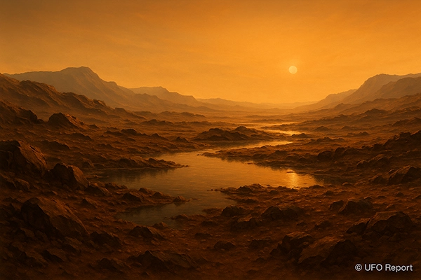 A close view of Kepler-62f’s surface concept: rocky terrain with potential shallow water pools, lit by a dim but warm orange sky. No lifeforms, only environmental mood.