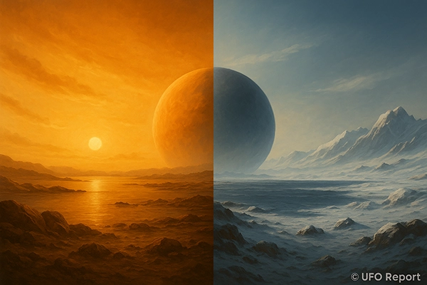 A split atmospheric concept: left half shows a thick, warm, hazy sky with oceans below. Right half shows a cold, thin-atmosphere icy landscape. The transition is blended smoothly.