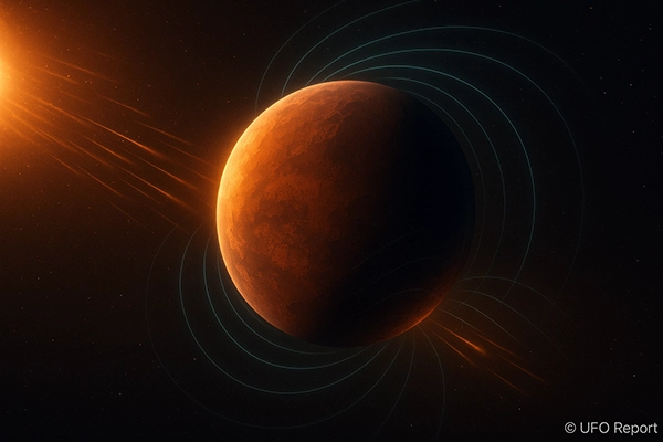 Kepler-62f with subtle glowing magnetic field lines arcing around it, deflecting stylized streams of charged particles from the star.