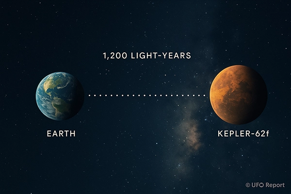 A stylized space distance graphic: Earth on the left, Kepler-62f on the right, with 1,200 light-years visualized as a long stretch of stars in between. Minimal text, mostly visual.