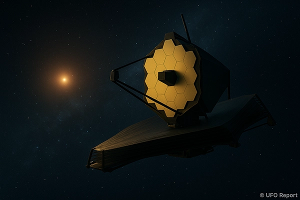 A futuristic depiction of a large next-gen space telescope (like JWST or a conceptual megascope) observing distant star systems. The target star glows faintly in the background.