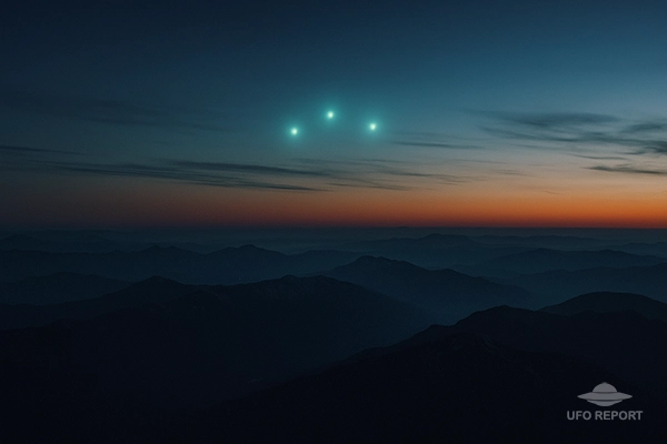 A commercial pilot’s vantage point above the Cascade Mountains at dusk. Below, the dark ridgelines stretch into the distance. Above the horizon, three or four faint blue-green orbs hover in a loose cluster, glowing against the fading twilight.