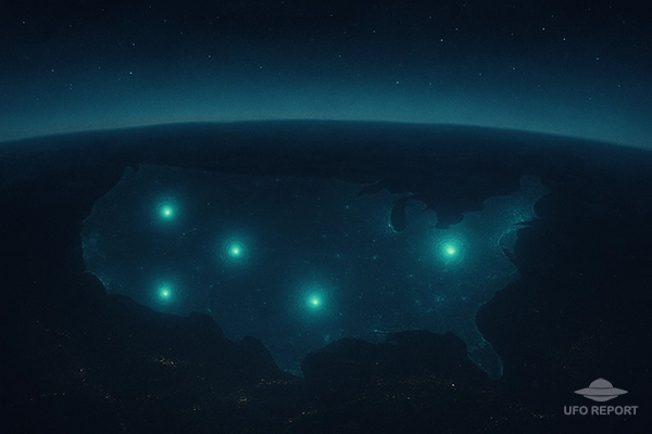 A wide map-like aerial view of the United States at night, but instead of an actual map, the scene is symbolic: lightly glowing blue-green points appear over California, Washington, Texas, Oklahoma, and the Midwest, blending with natural starlight.