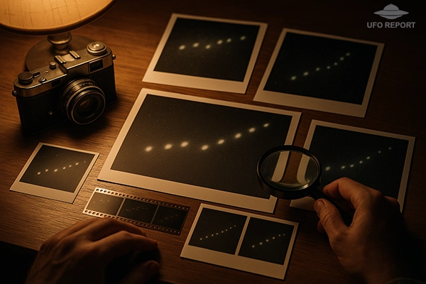 A 1950s desk with a vintage camera, film strips, and printed black-and-white photos of the V-shaped formation spread out on a table. A pair of hands adjusts a magnifier over one of the images.
