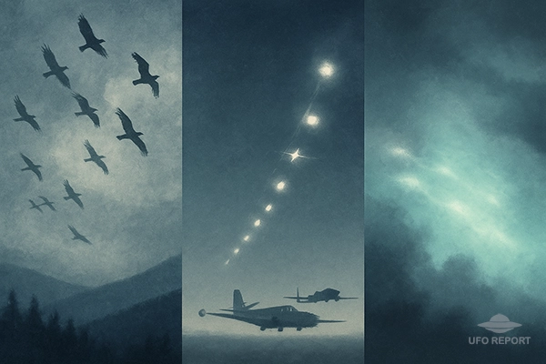 A three-pane conceptual blend: Left: a flock of birds streaking across the sky Center: a formation of distant aircraft lights Right: atmospheric plasma-like glows blending into clouds