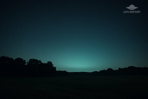 A quiet modern Texas field under a starry sky. A subtle blue-green reflection appears low on the horizon — barely visible, more suggestion than object.