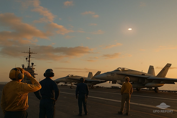 The flight deck of an aircraft carrier at sea. Deck crew stand near parked aircraft while looking upward. In the sky, a bright metallic reflection hovers at high altitude, slightly blurred.