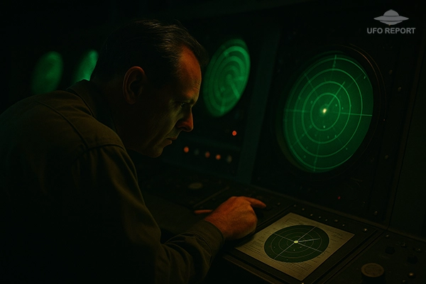 A dimly lit 1950s radar room. Green radar screens glow across a console. One radar operator leans forward, studying an anomalous fast-moving return on the display.