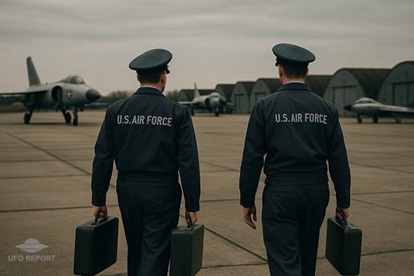 Two Air Force investigators walking across a European airbase runway, carrying document cases. A row of hangars and Cold War era aircraft sits in the background.