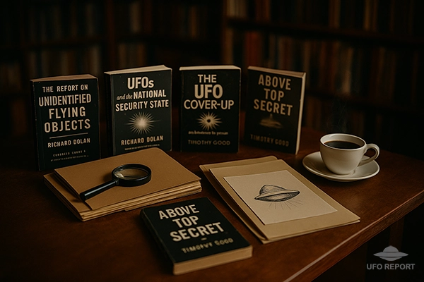 A vintage 1950s bookshop or reading room. Several UFO-related books, government-style folders, and a magnifier lie on a table. A cup of coffee steams nearby.