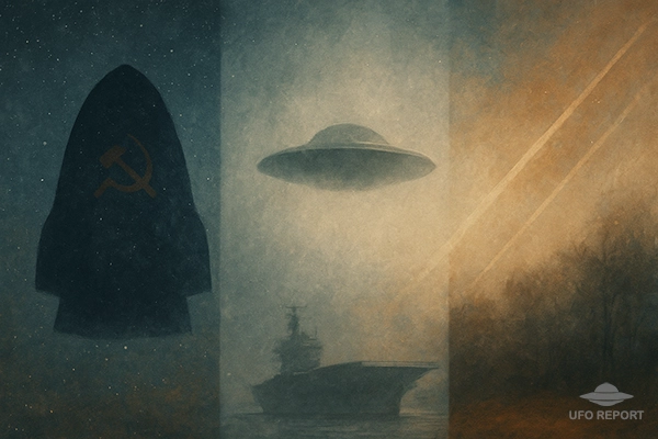 A conceptual blended image: • A stylized silhouette of a Soviet-era reentry capsule • A faint metallic disc shape • Atmospheric streaks suggesting natural phenomena