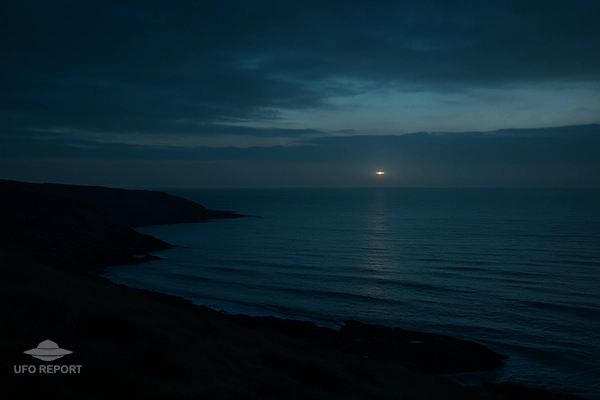 Modern-day North Sea coastline at dusk. The ocean is calm, the sky dim, and a faint, ambiguous glimmer sits low on the horizon.